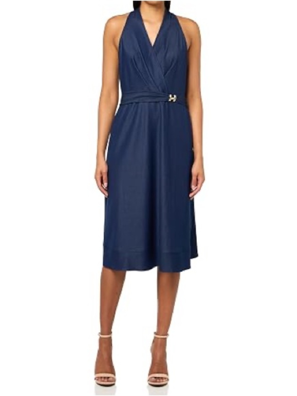 Halston Size 10 Sleeveless Halter V-Neck  Belt Midi NWT Dress